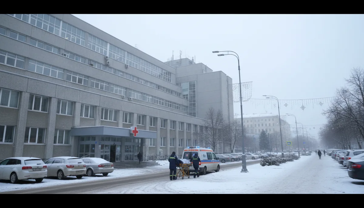 здание государственной больницы, машина скорой помощи, городская улица, зимний день