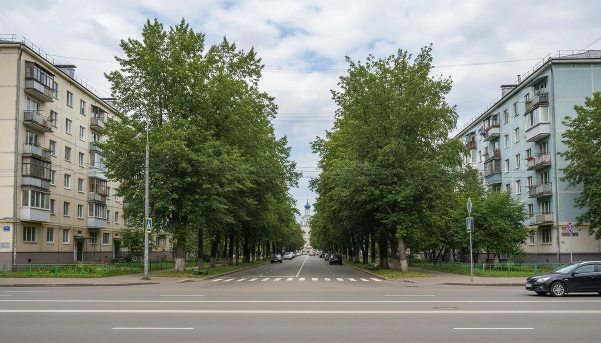 Городская улица ближнего Подмосковья, жилые многоэтажки, зелёная аллея, дорога с разметкой